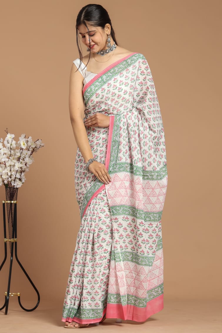 Mul mul cotton saree in block prints