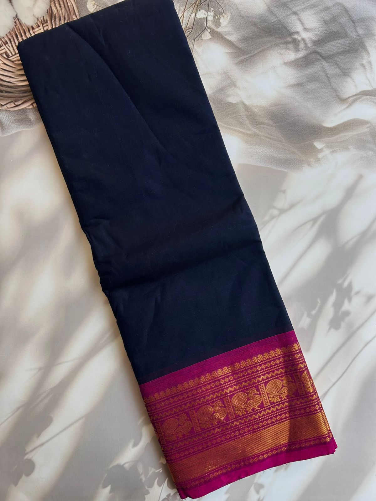 Kanchi cotton saree - navy blue and pink