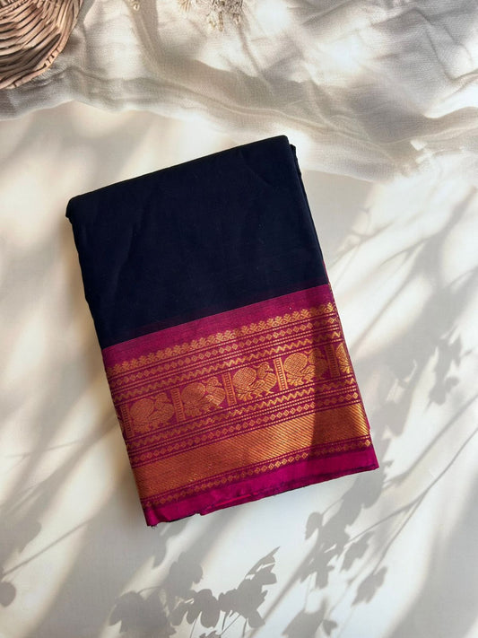 Kanchi cotton saree - navy blue and pink