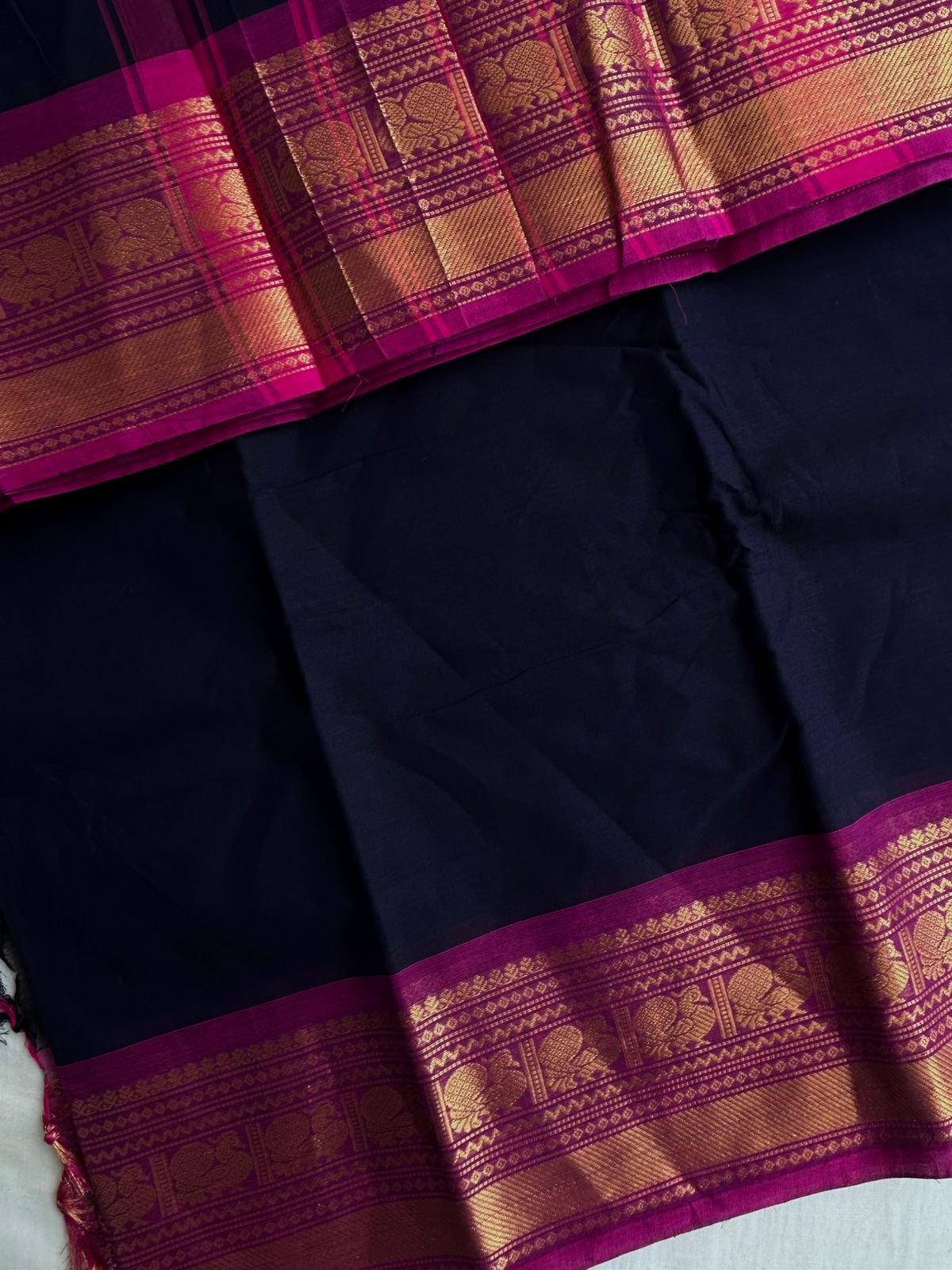 Kanchi cotton saree - navy blue and pink