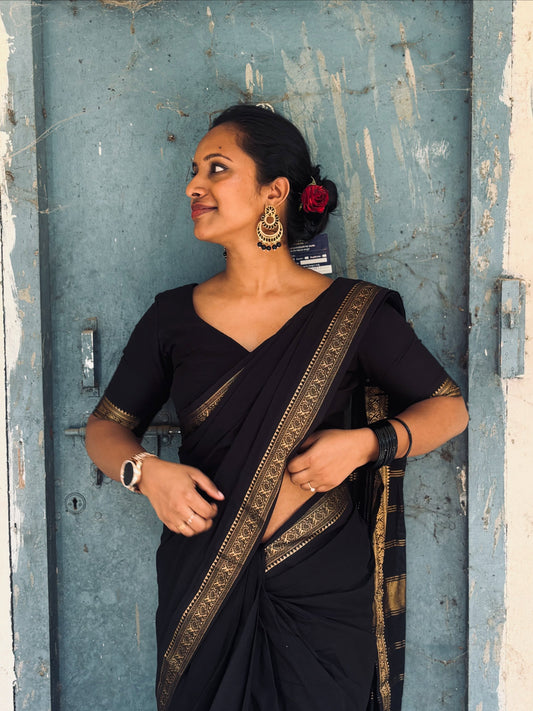 Kanchi cotton saree with minimal zari border black