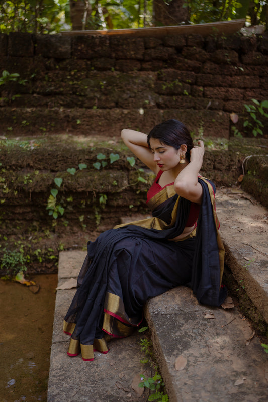 Black Mul mul saree with zari border