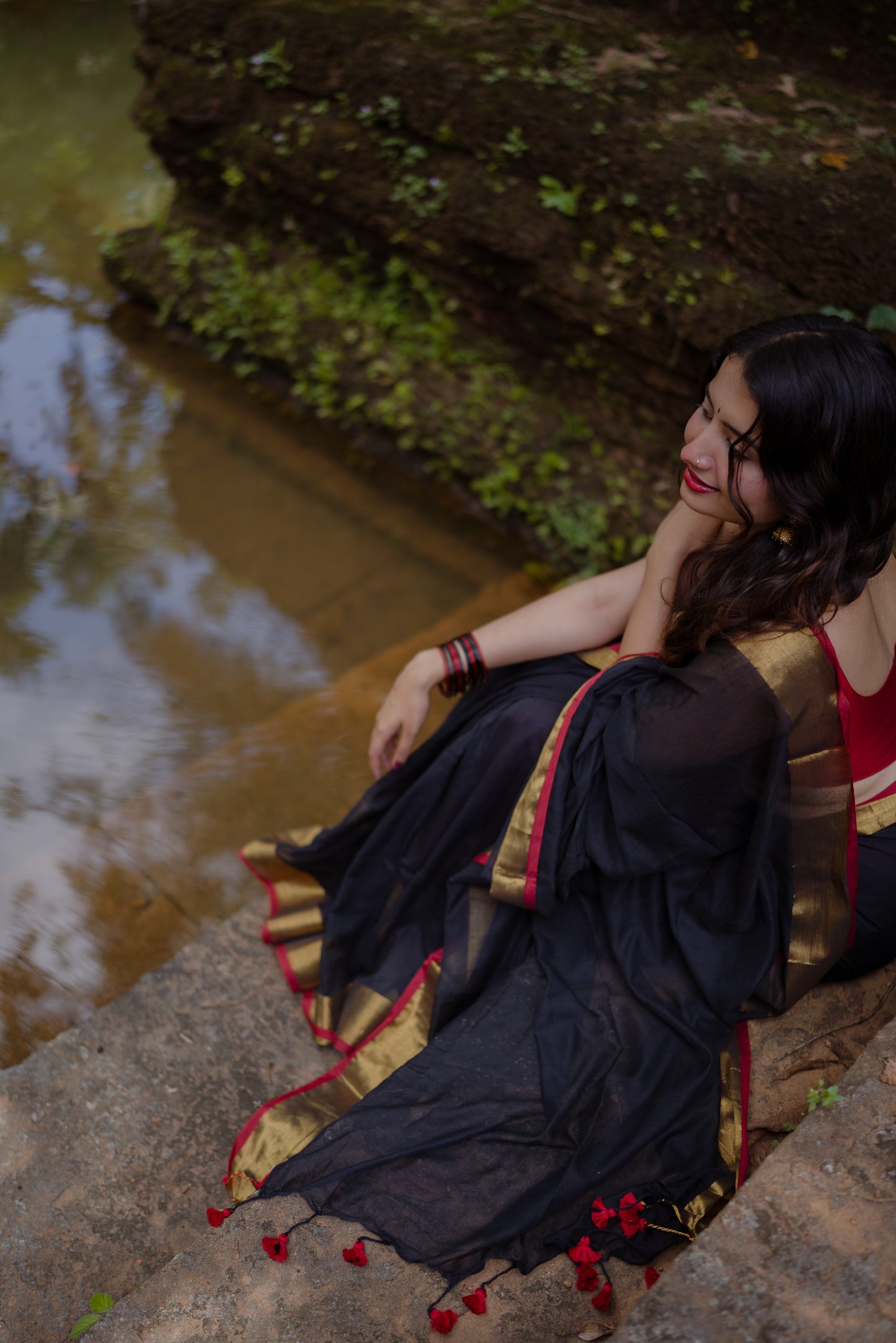 Black Mul mul saree with zari border