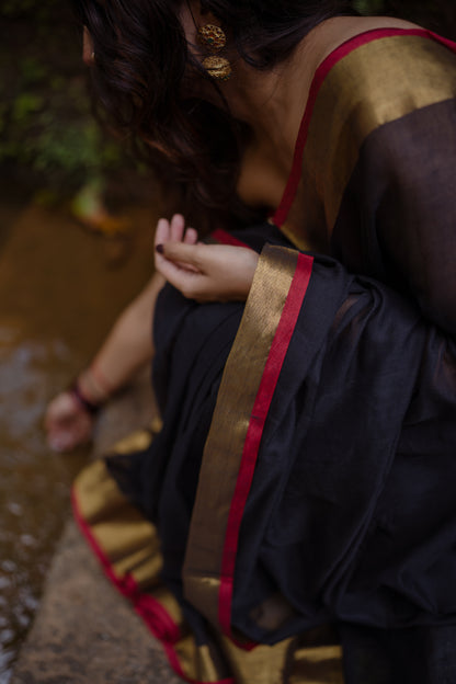 Black Mul mul saree with zari border