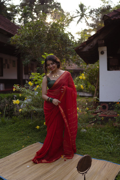 Handwoven linen saree with zari border