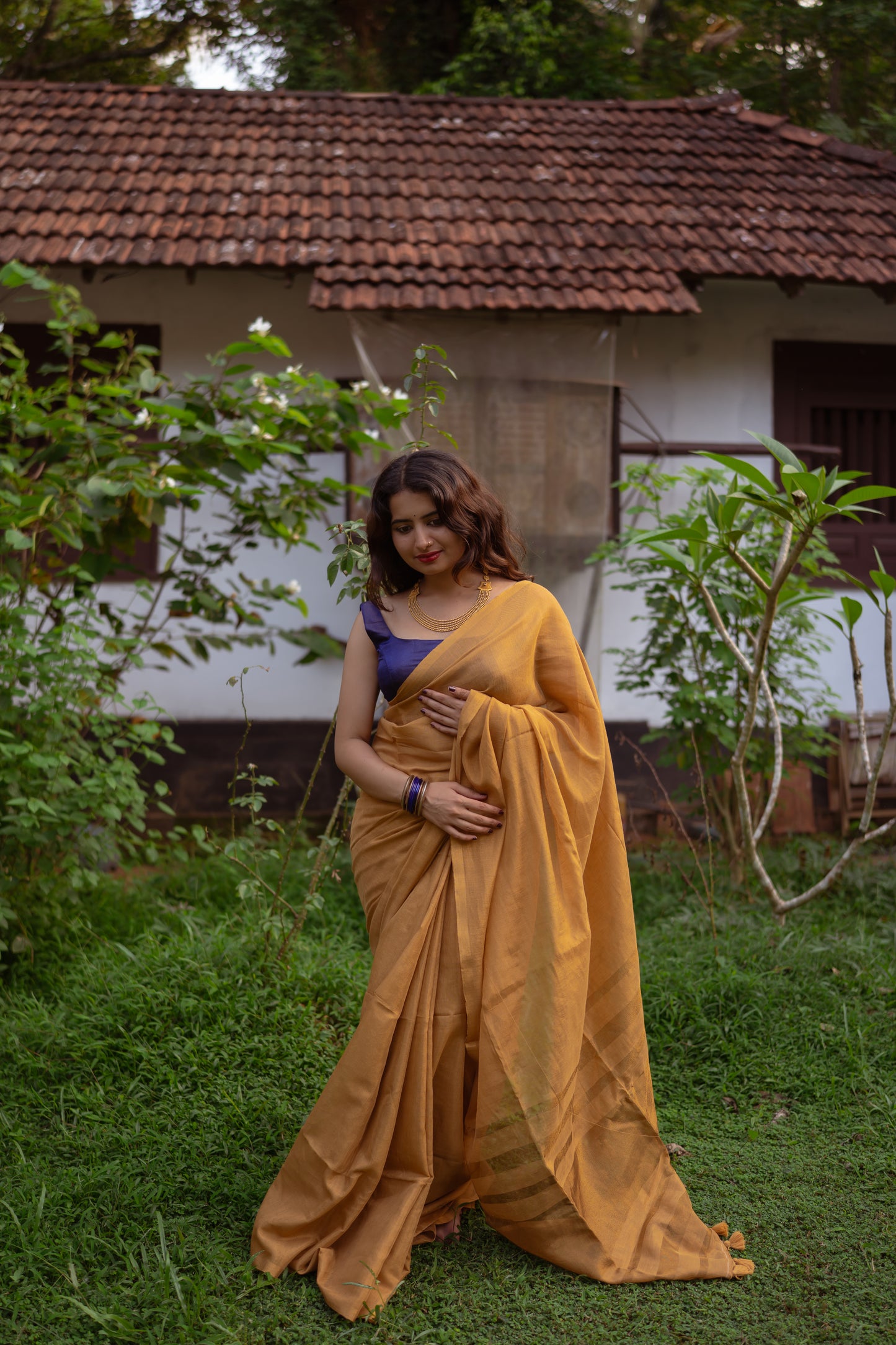 Handloom Tissue linen saree gold