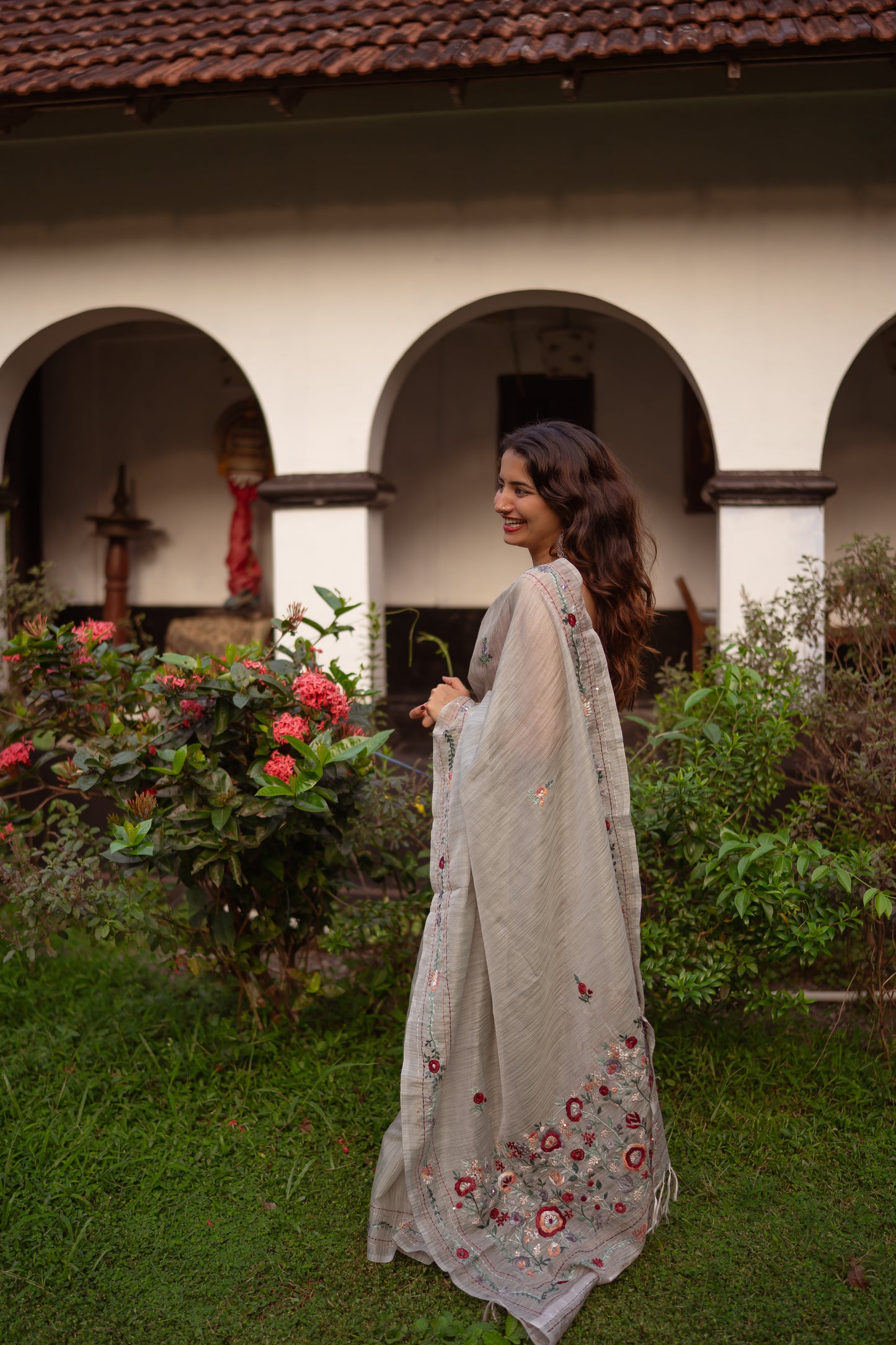 French Knot embroidered tussar saree