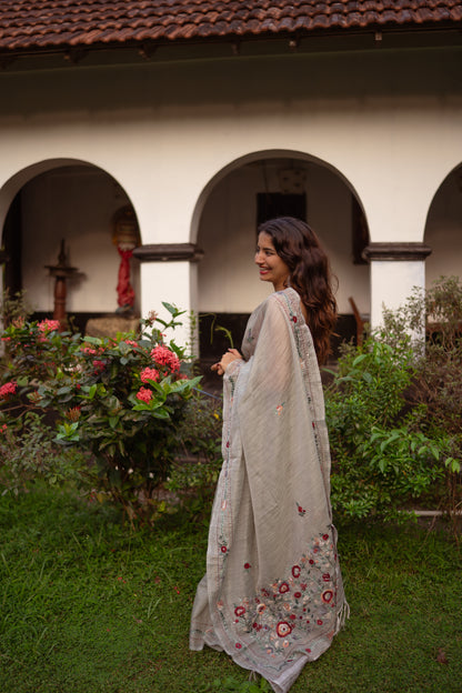 French Knot embroidered tussar saree