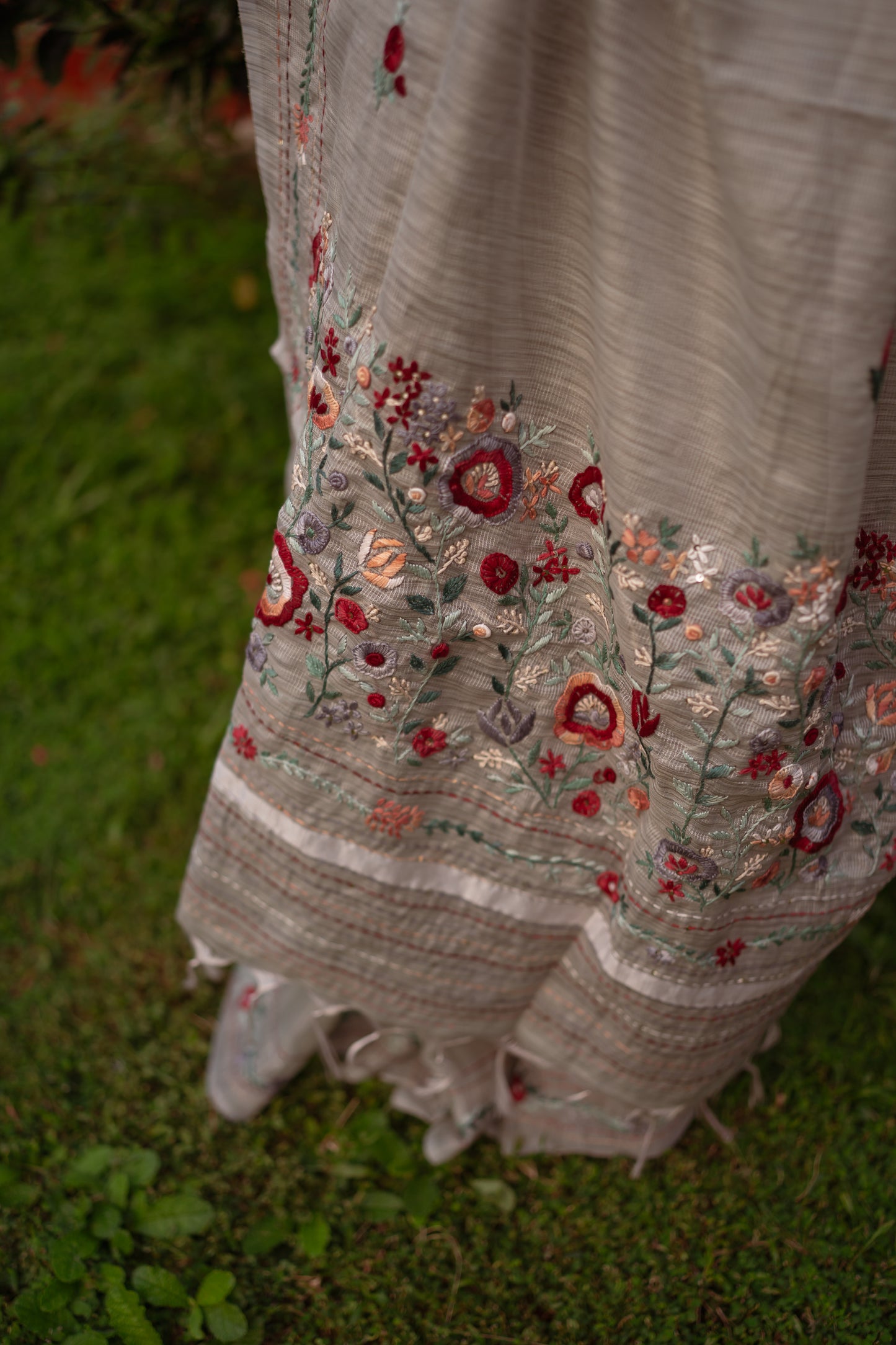 French Knot embroidered tussar saree