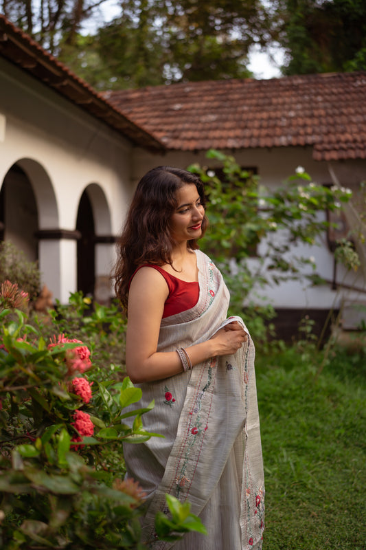 French Knot embroidered tussar saree