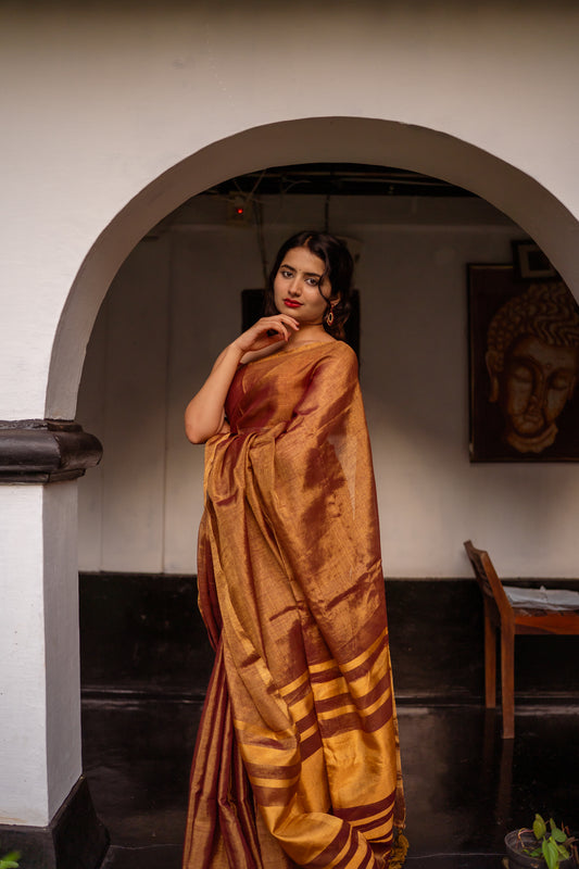 Handloom Tissue linen saree - brown