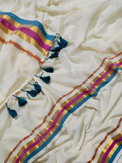 Off white Mul mul saree with zari borders