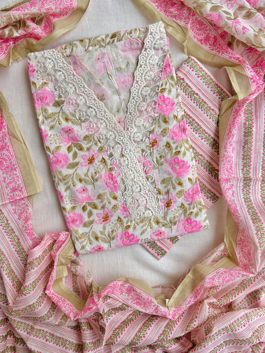 Unstitched floral Cotton set with laces