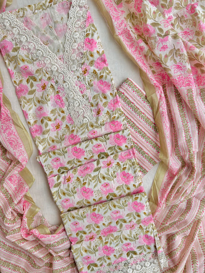 Unstitched floral Cotton set with laces