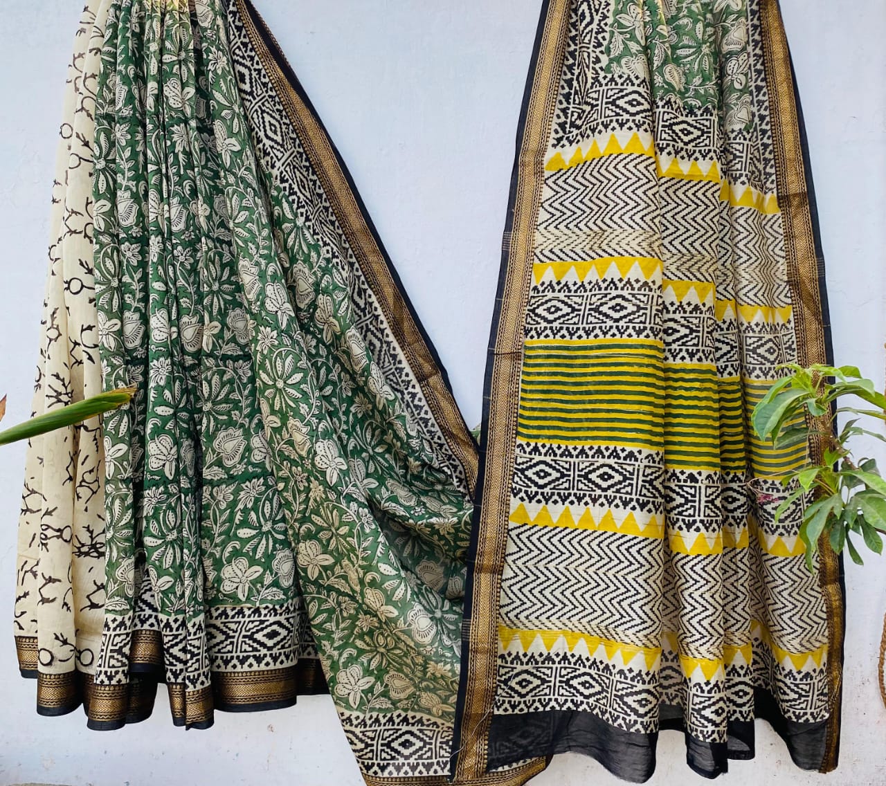 Maheshwari silk cotton saree in block prints green