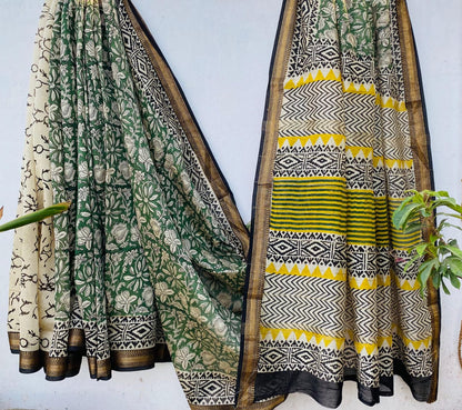 Maheshwari silk cotton saree in block prints green