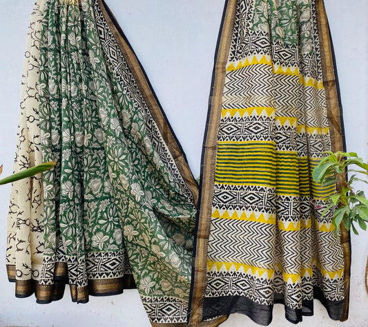 Maheshwari silk cotton saree in block prints green