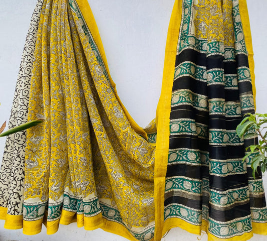Yellow Maheshwari silk cotton saree in block prints