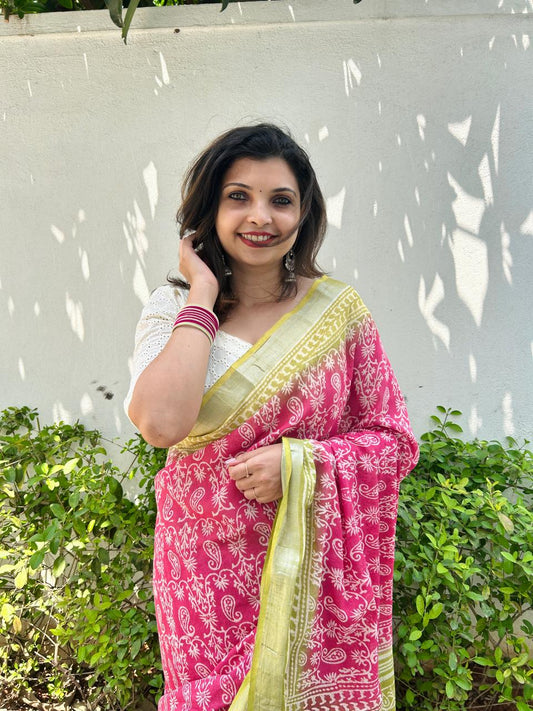 Linen cotton saree in hand block prints