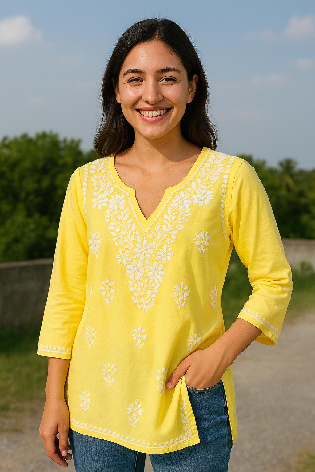 Cotton Chikankari short kurti - Yellow
