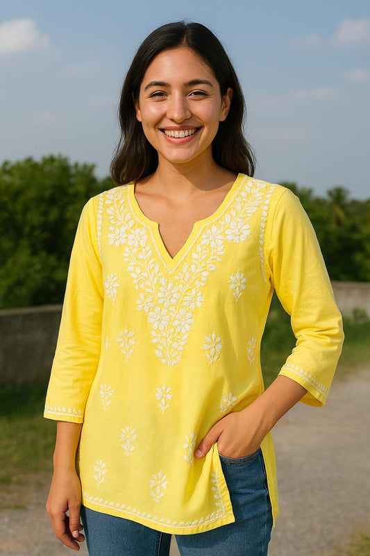 Cotton Chikankari short kurti - Yellow