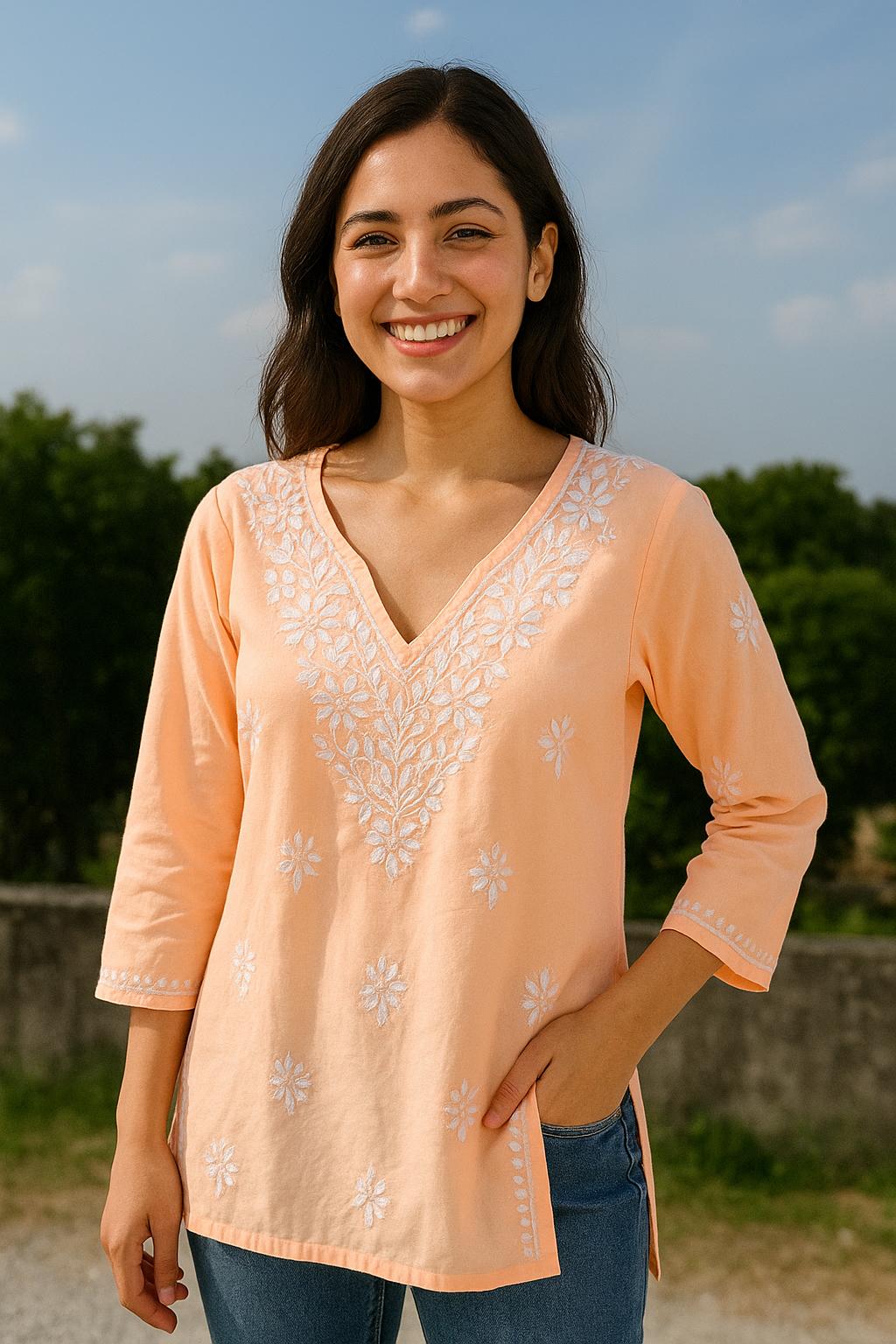 Peach Cotton Chikankari short kurti