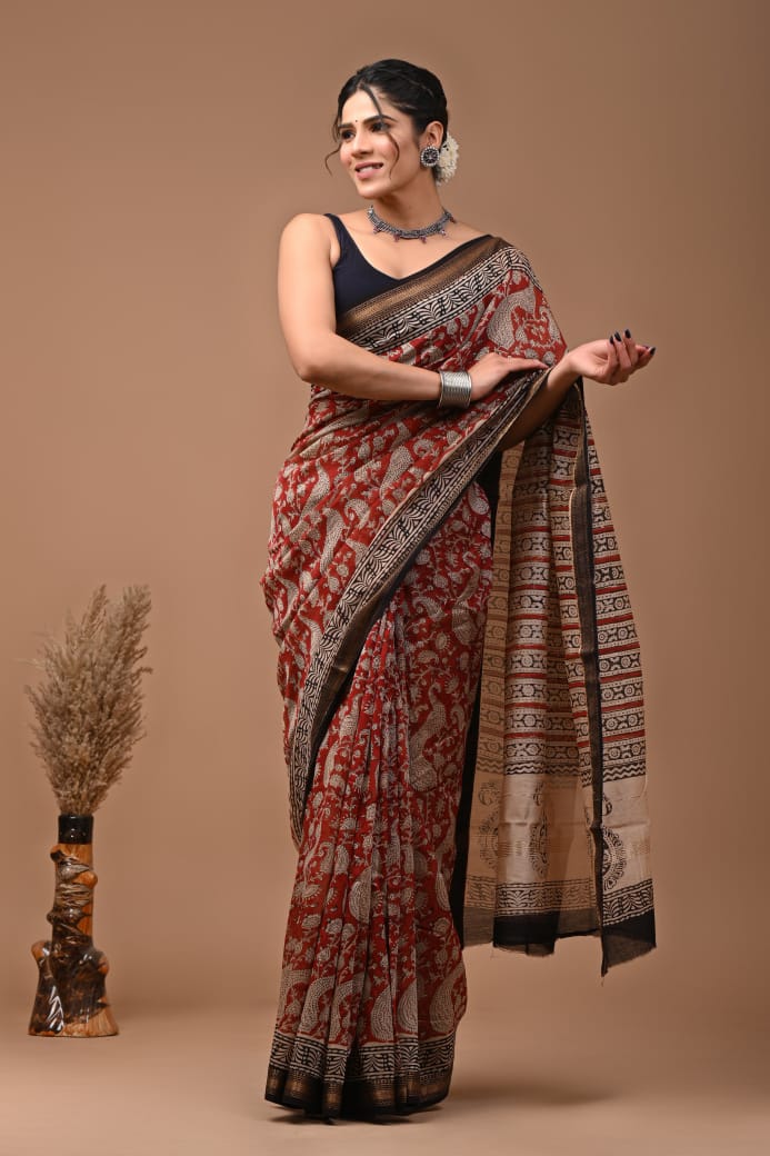 Maheshwari silk cotton saree in block prints