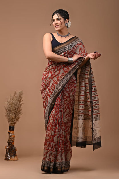Maheshwari silk cotton saree in block prints