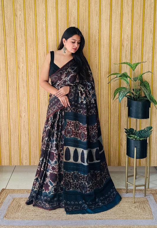 Black modal silk saree in hand block prints