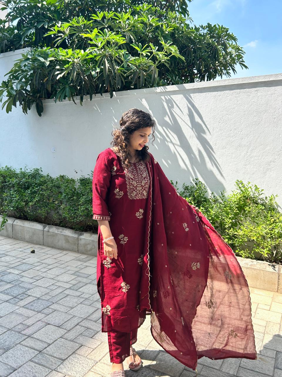 Vichitra silk embroidered Kurta set - maroon