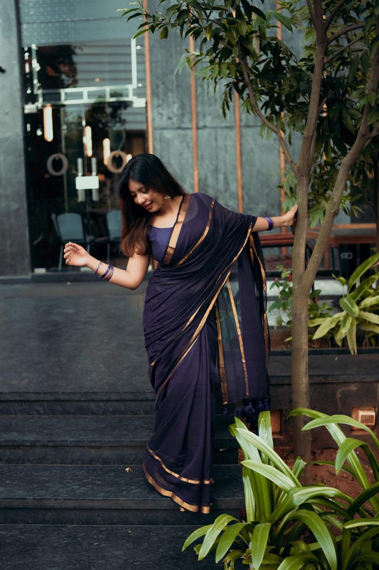 Mul mul saree with zari border - navy blue