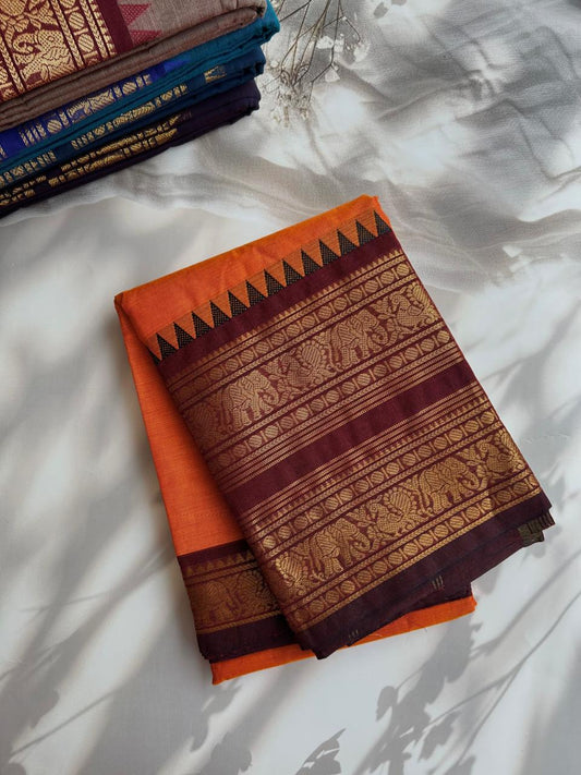 Kanchi cotton saree with rettapet border - Burnt Orange