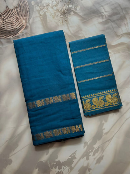 Sungudi Cotton saree with peacock border Rama blue