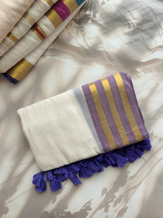 Off white Mul mul saree with zari borders