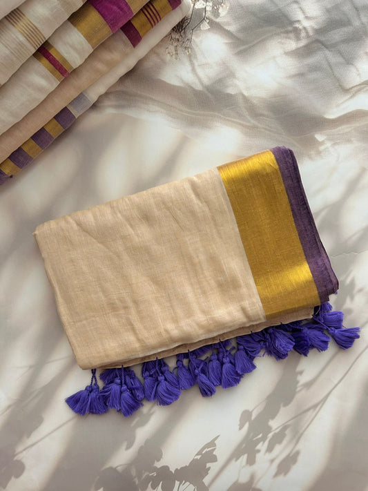 Off white Mul mul saree with zari borders