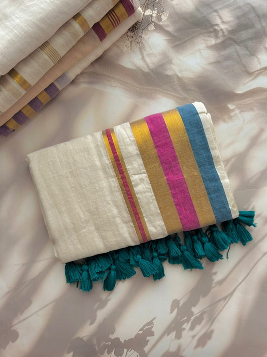 Off white Mul mul saree with zari borders
