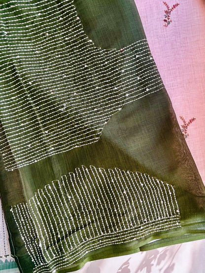 Off white linen saree with minimal knotwork
