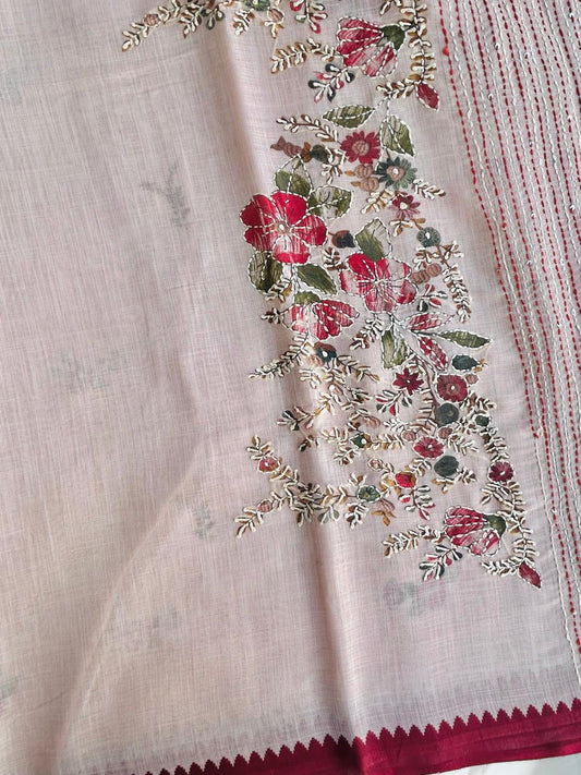 Off white linen saree with minimal knotwork