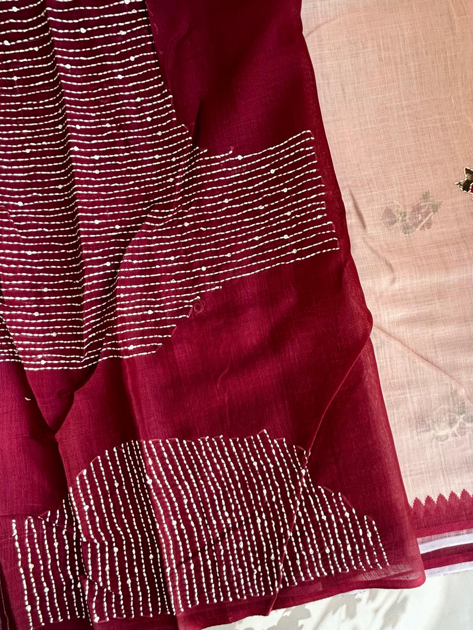 Off white linen saree with minimal knotwork