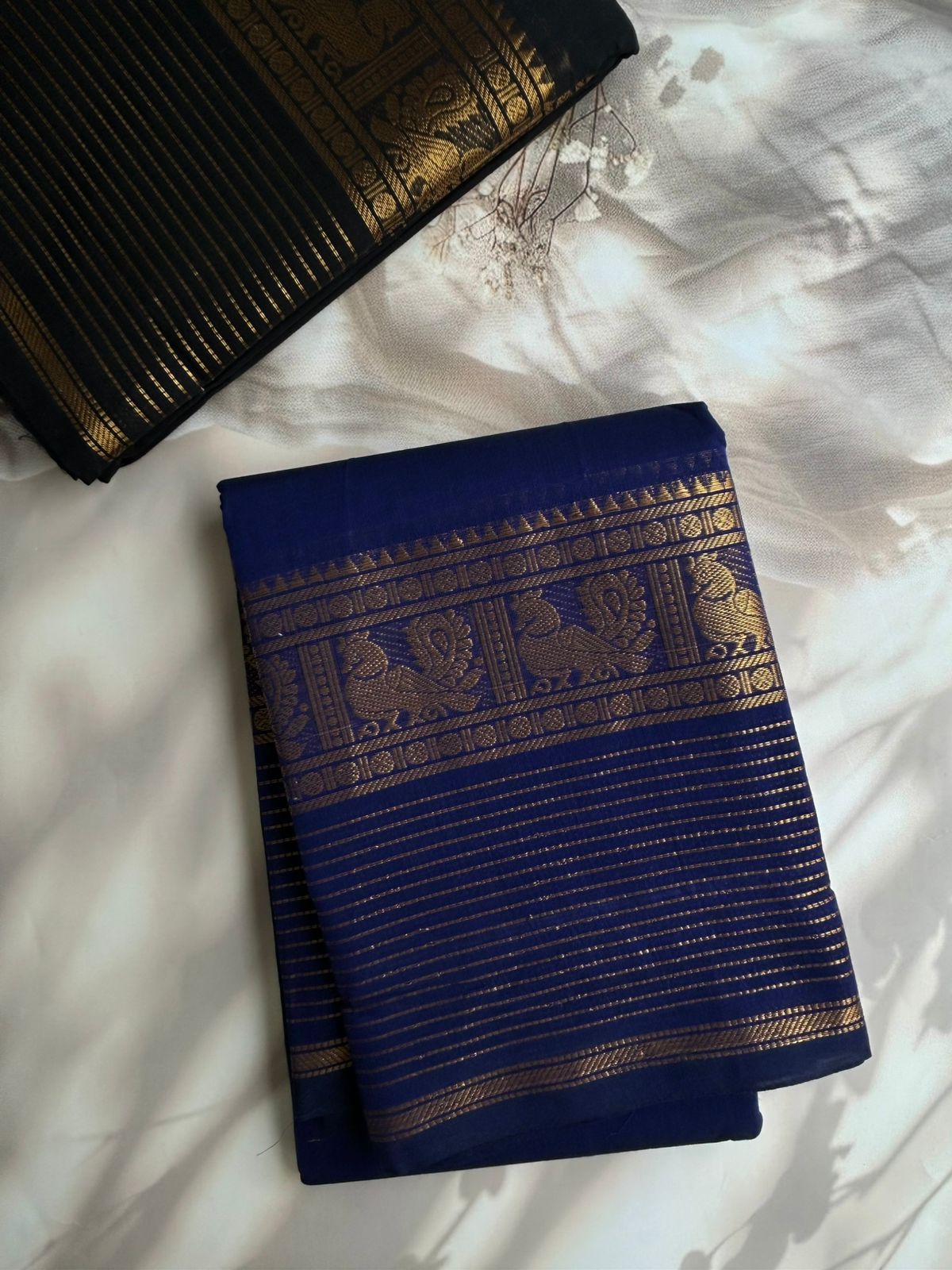 Royal blue Kanchi cotton saree with zari lines border