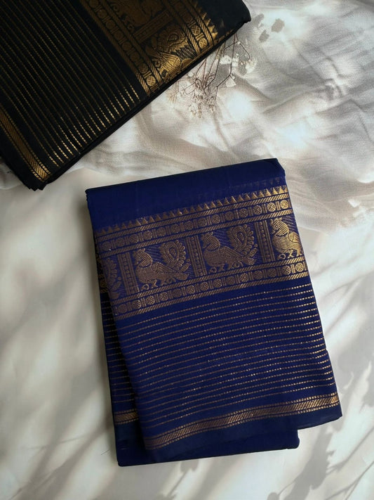 Royal blue Kanchi cotton saree with zari lines border