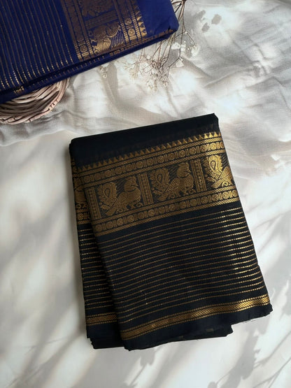 Black Kanchi cotton saree with zari lines border