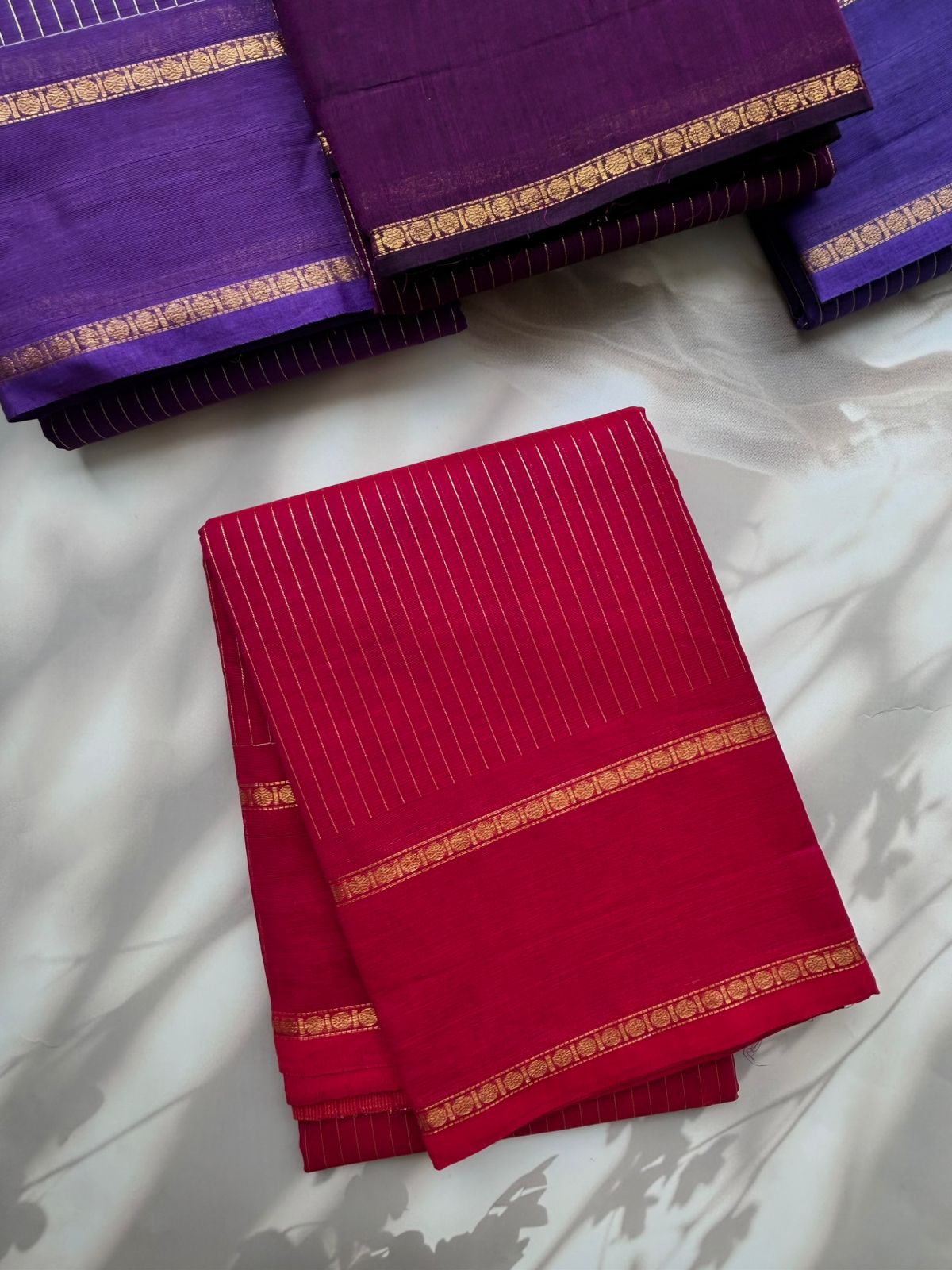 Kanchi cotton saree with Korvai border - reddish pink