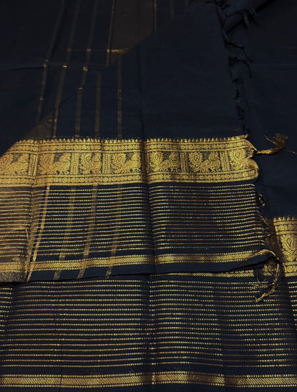Black Kanchi cotton saree with zari lines border