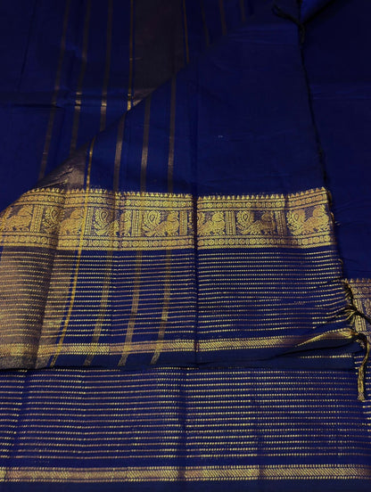Royal blue Kanchi cotton saree with zari lines border