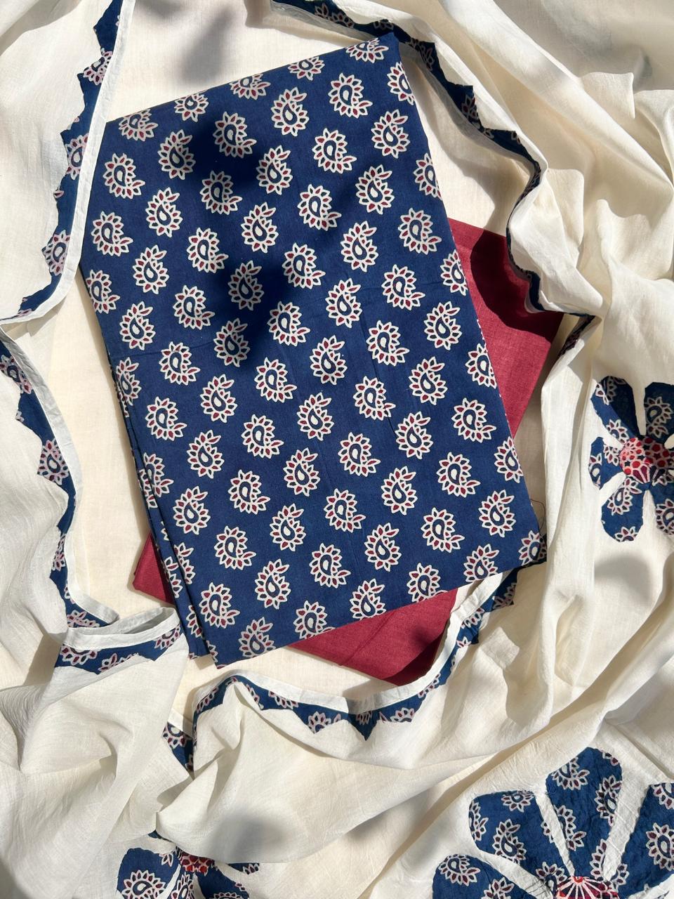 Unstitched Cotton Indigo Ajrakh set