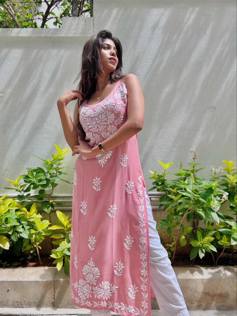 Sleeveless Chikankari long kurti
