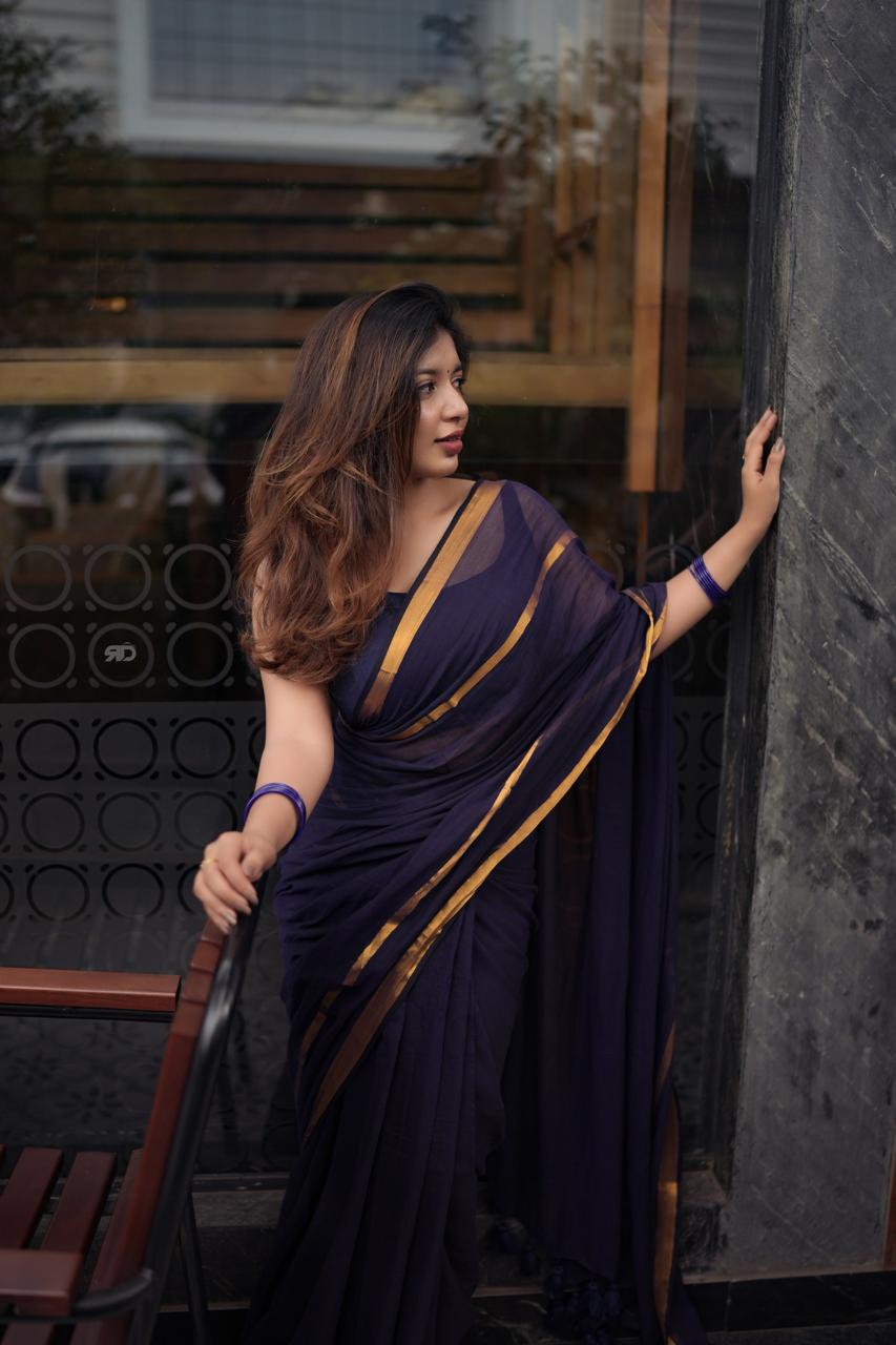 Mul mul saree with zari border - navy blue