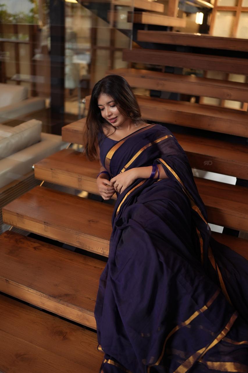 Mul mul saree with zari border - navy blue