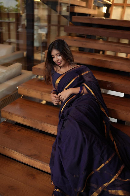 Mul mul saree with zari border - navy blue